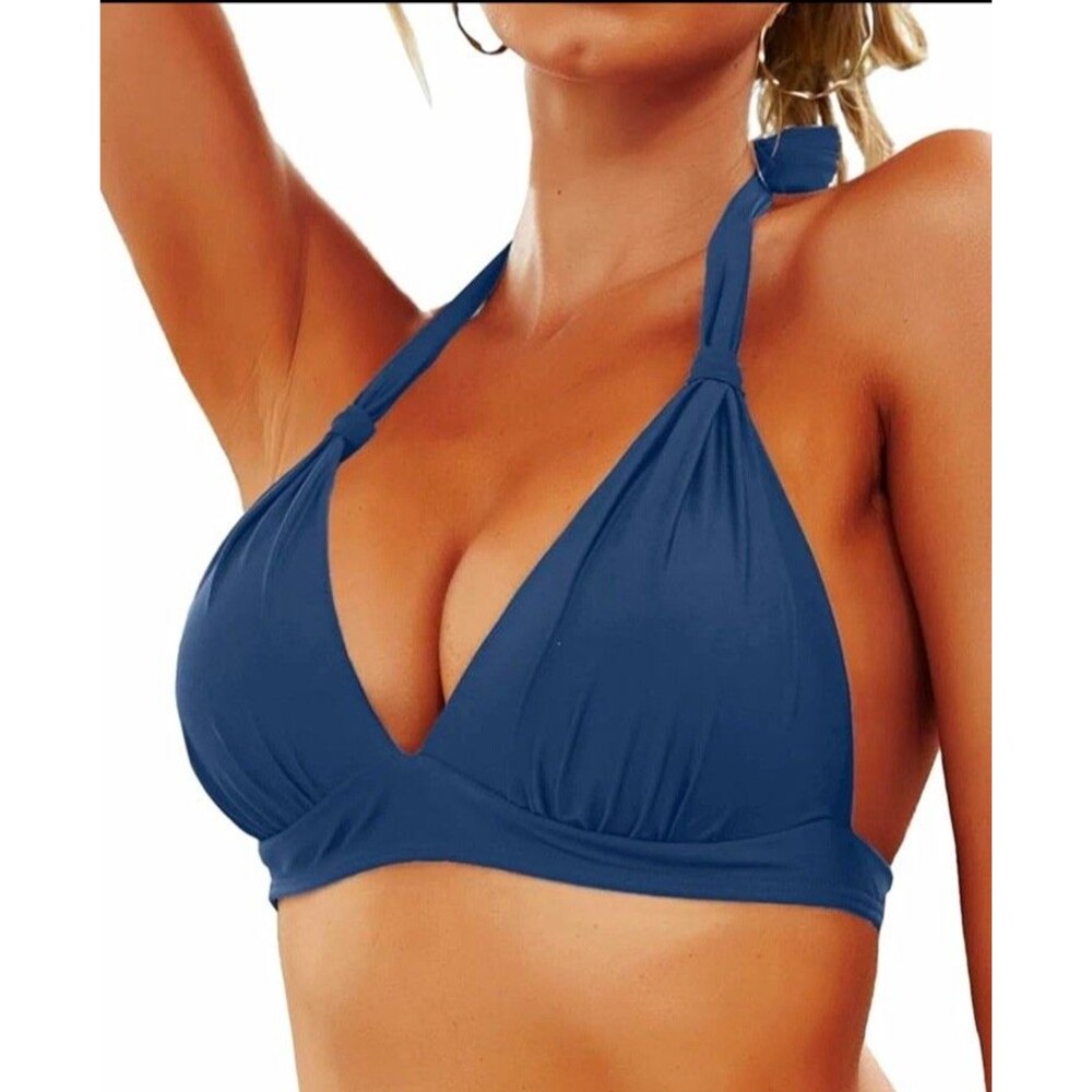 YONIQUE Blue Solid Halter Triangle Bikini Swim Top, Women’s Regular M